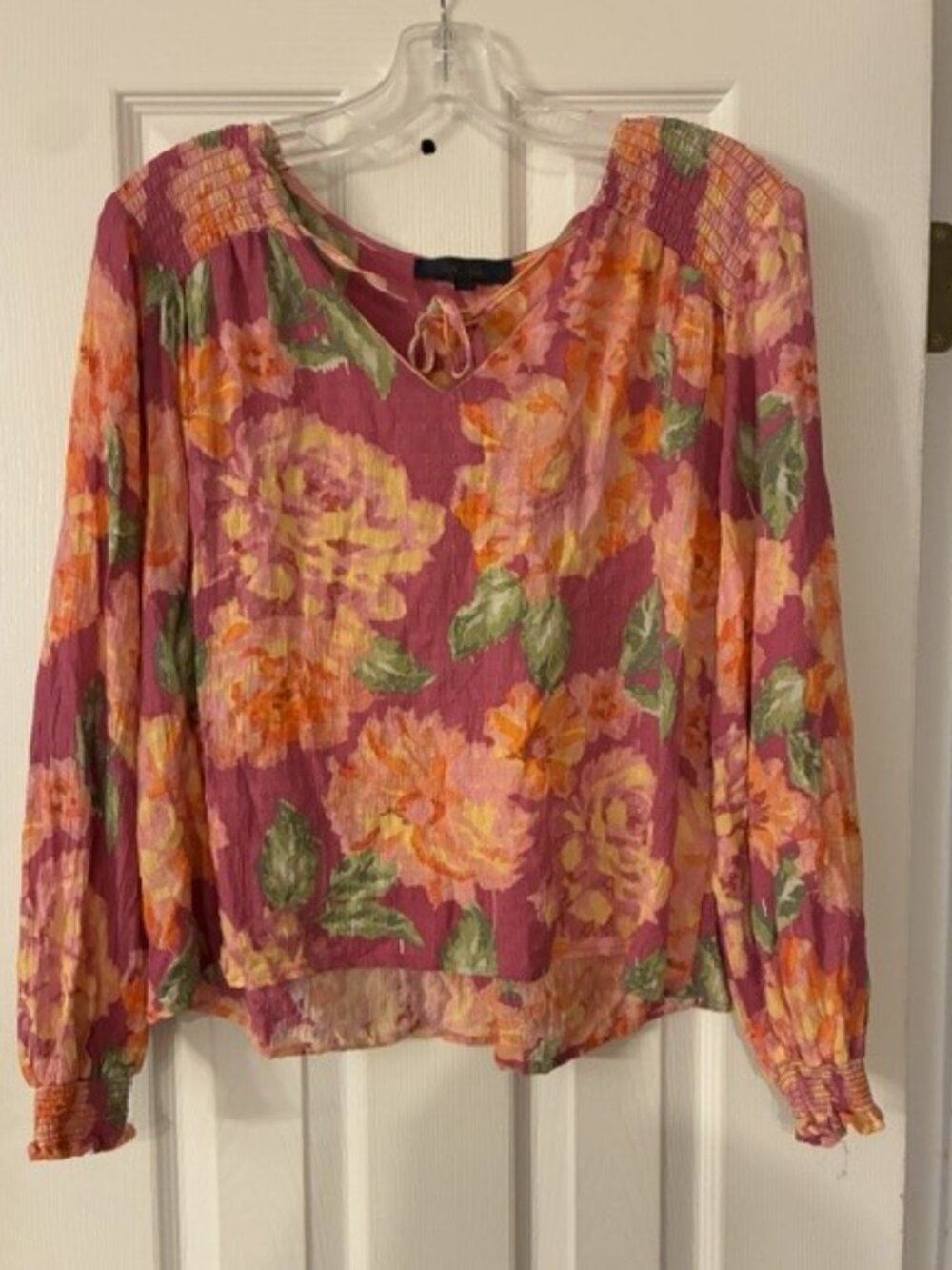 Rachel Roy Women's Colorful Floral Smocking 3/4 sleeve flowy Top Blouse Size L